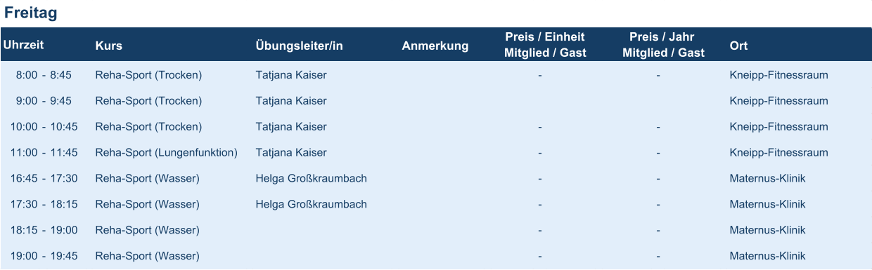 Freitag Kurs Übungsleiter/in Anmerkung Ort 8:00 - 8:45 Reha-Sport (Trocken) Tatjana Kaiser - - Kneipp-Fitnessraum 9:00 - 9:45 Reha-Sport (Trocken) Tatjana Kaiser Kneipp-Fitnessraum 10:00 - 10:45 Reha-Sport (Trocken) Tatjana Kaiser - - Kneipp-Fitnessraum 11:00 - 11:45 Reha-Sport (Lungenfunktion) Tatjana Kaiser - - Kneipp-Fitnessraum 16:45 - 17:30 Reha-Sport (Wasser) Helga Großkraumbach - - Maternus-Klinik 17:30 - 18:15 Reha-Sport (Wasser) Helga Großkraumbach - - Maternus-Klinik 18:15 - 19:00 Reha-Sport (Wasser) - - Maternus-Klinik 19:00 - 19:45 Reha-Sport (Wasser) - - Maternus-Klinik Uhrzeit Preis / Einheit Mitglied / Gast Preis / Jahr Mitglied / Gast